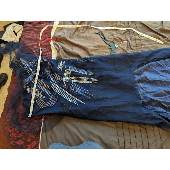 BCBGMAXAZRIA one shoulder blue high-low silk mesh metallic paint dress sz 8 euc - Picture 6 of 7